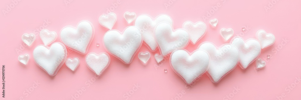 A cluster of delicate heart-shaped foam bubbles floating on a rose-pink background, subtle, foam, heart shape A cluster of delicate heart-shaped foam bubbles floating on a rose-pink background, subtle, foam, heart shape