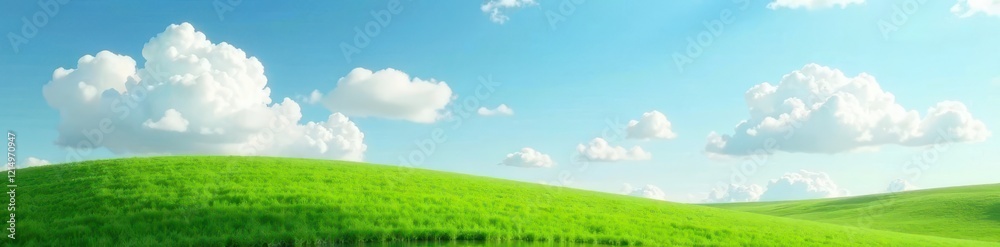 Soft white clouds float gently over green grass, soft, sky, clouds