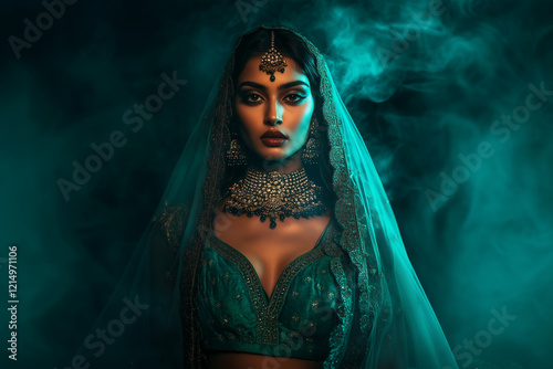 Fashion portrait of a beautiful Indian woman wearing Teal blue wedding attire