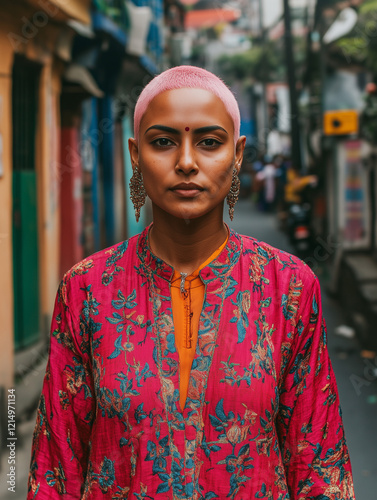 Portrait of an Indian Transgender person with short pink hair