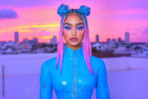 Fashion portrait of an Indian woman wearing vibrant blue eyeshadow, glamorous blue outfit and pink hair