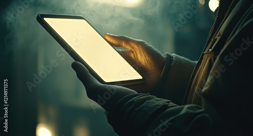 Modern Technology in Use: Close-Up of Hands Holding Tablet in Dark Setting