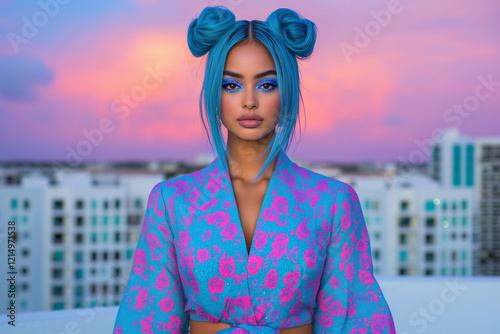 Fashion portrait of an Indian woman wearing vibrant blue eyeshadow, glamorous blue and pink outfit and blue hair