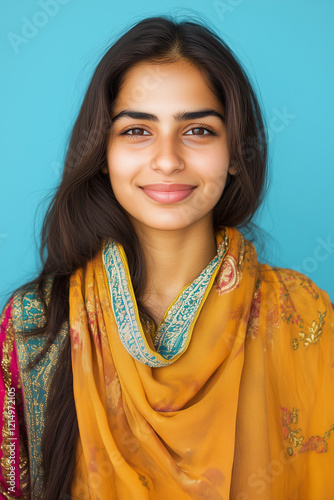 Portrait of an Indian female college student, wearing Salwar kameez	
