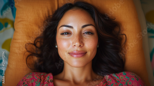 Portrait of a happy woman lying on her pillow