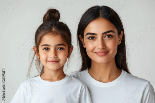 Portrait of an Indian Mother with her Daughter wearing white t-shirt