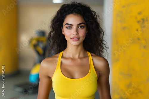 Portrait of a muscular and fit Indian woman in the Gym wearing yellow sportswear

