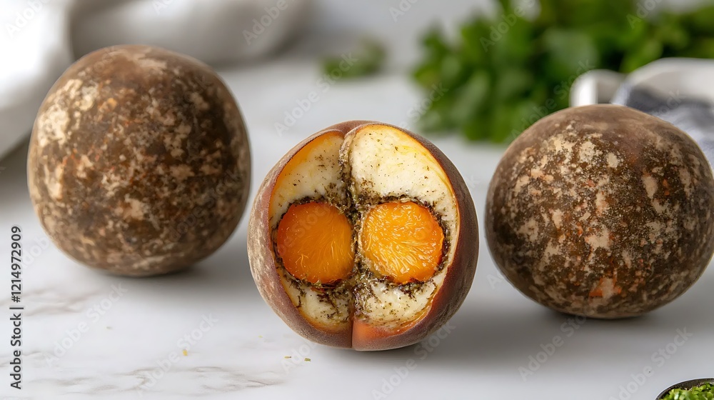 Obraz premium A single peach with a slice removed, revealing the soft, velvety texture and bright orange color inside, placed on a white background
