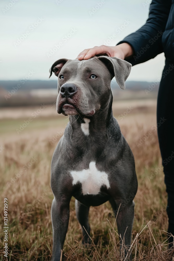 Grey dog stands in grassy field. Owner touches dog head. Dog looks directly at owner. Doggy looks friendly. Natural outdoor setting. Happy moment between human, animal. Playful, adorable dog. Doggy Grey dog stands in grassy field. Owner touches dog head. Dog looks directly at owner. Doggy looks friendly. Natural outdoor setting. Happy moment between human, animal. Playful, adorable dog. Doggy