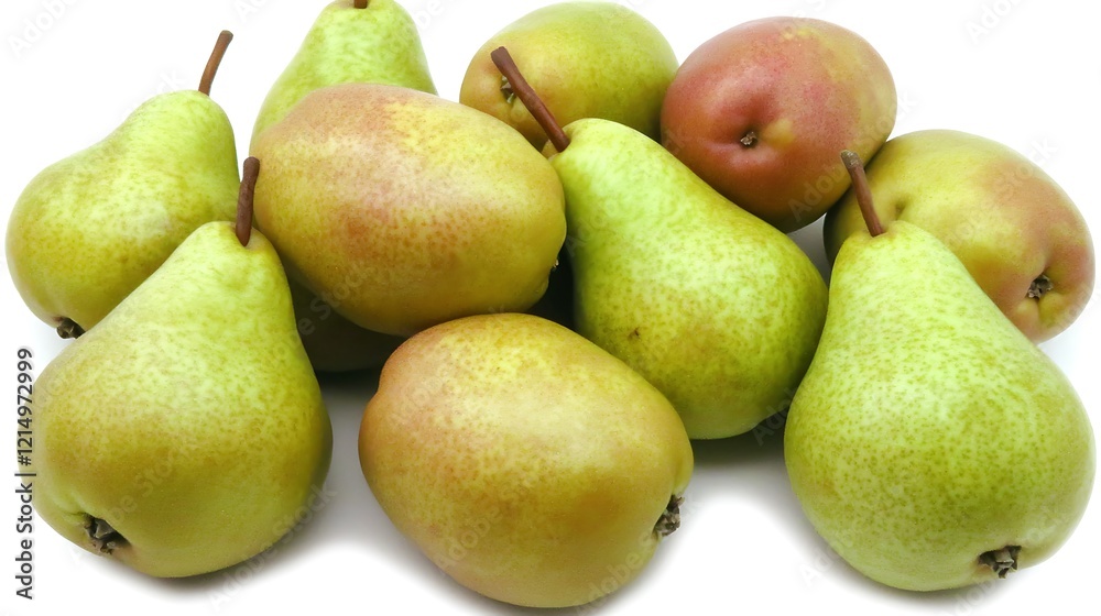 A cluster of fresh pears, with their distinct shapes and subtle green to yellow hues, arranged on a plain white surface for emphasis A cluster of fresh pears, with their distinct shapes and subtle green to yellow hues, arranged on a plain white surface for emphasis