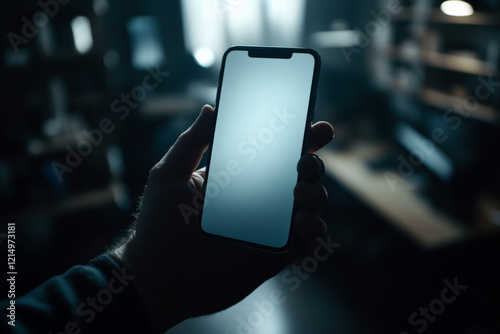 Hand Holding Smartphone in Dark Room