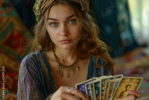 Generative AI mystical portrait of a woman practicing tarot divination in an esoteric ambiance
