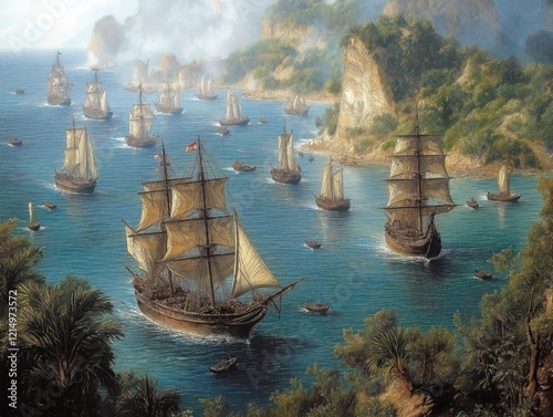 Bild auf Leinwand Many ships sail in ocean near island