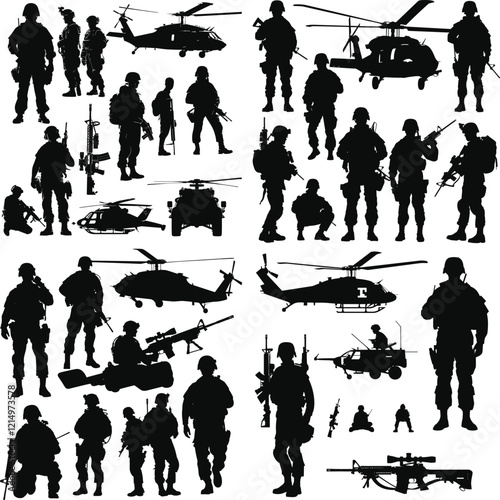 Soldier Silhouette Collection with Patriotic Elements, US Army Soldiers and Helicopters in Silhouette Art