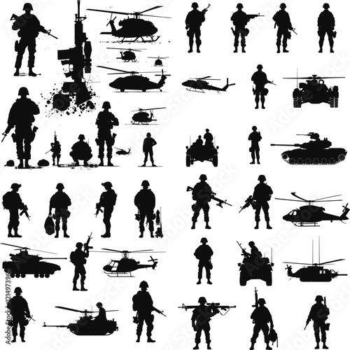 Soldier Silhouette Collection with Patriotic Elements, US Army Soldiers and Helicopters in Silhouette Art