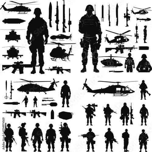 United States Army Illustrations with Helicopters and Flags, Army Icons Set: Helicopters, Soldiers, and Flags