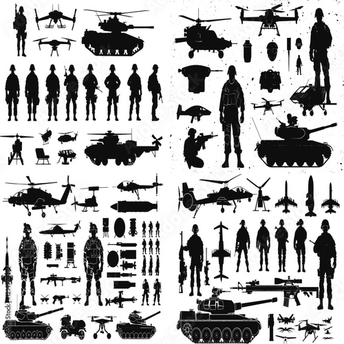 Black Silhouettes of Soldiers and Helicopters in Action, Military Silhouette Collection with Helicopters and Flags