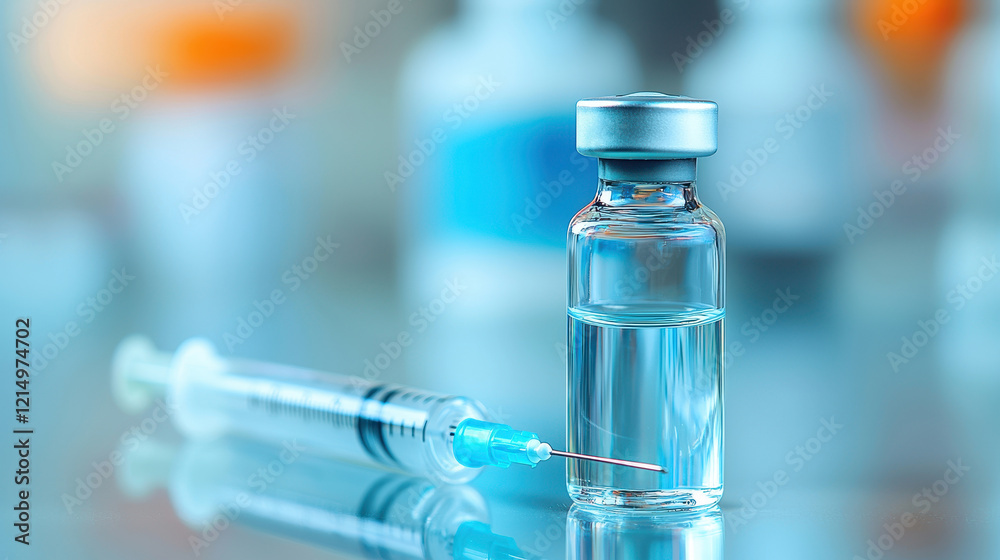 A close-up of a syringe and a vial containing medical liquid for vaccinations. A close-up of a syringe and a vial containing medical liquid for vaccinations.