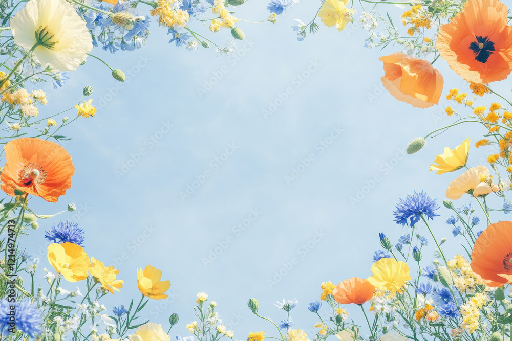 Obraz premium A fresh spring flower frame with wildflowers such as orange poppies, blue cornflowers, and yellow buttercups, placed in a free-flowing design on a pale sky blue background