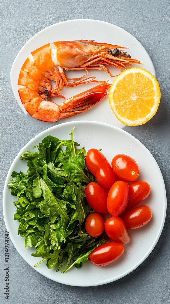 Shrimp salad and cherry tomatoes on plates Shrimp salad and cherry tomatoes on plates