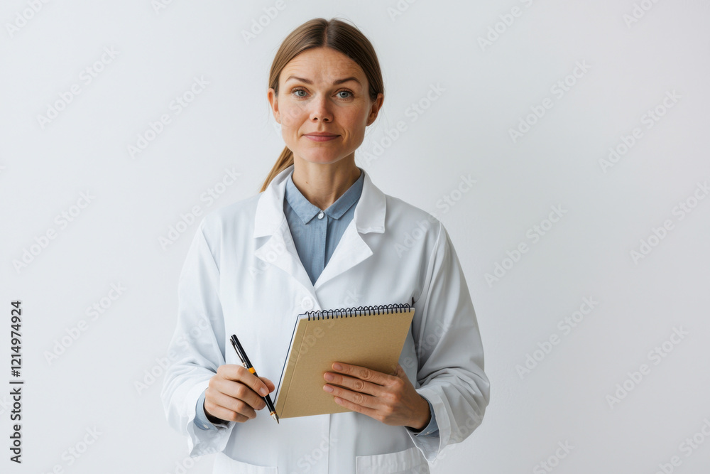 A confident professional woman holding a notebook and pen in a lab coat. isolated on white background. A confident professional woman holding a notebook and pen in a lab coat. isolated on white background.