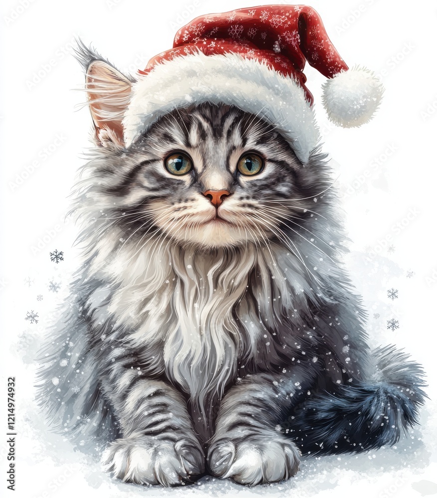 Adorable Cat with Santa Hat Surrounded by Snowflakes, Perfect for Holiday Greetings and Festive Celebrations in Winter Season Photography Adorable Cat with Santa Hat Surrounded by Snowflakes, Perfect for Holiday Greetings and Festive Celebrations in Winter Season Photography