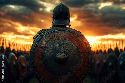 Ancient warrior with shield facing sunset, ready for battle