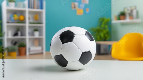 Soccer ball on a table in a room