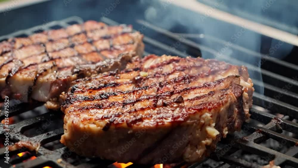 Closeup of a Chef cooking a delicious grilled meats on a big BBQ grill. Cook beff meat. Food cooked with grilling barbecue in backyard of house. Generative AI Closeup of a Chef cooking a delicious grilled meats on a big BBQ grill. Cook beff meat. Food cooked with grilling barbecue in backyard of house. Generative AI