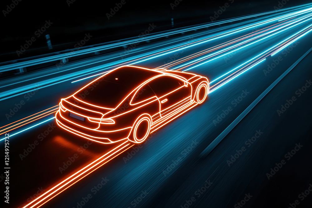Naklejka premium A glowing outline of a car driving at night on a lit highway, showcasing speed and technology.