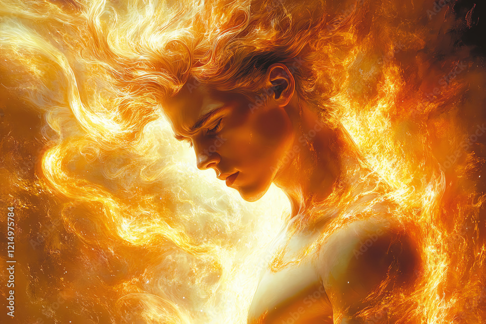 Warrior with flaming sword, chaos, fire, intense expression, fantasy art, glowing hair, dramatic lighting, powerful presence Warrior with flaming sword, chaos, fire, intense expression, fantasy art, glowing hair, dramatic lighting, powerful presence