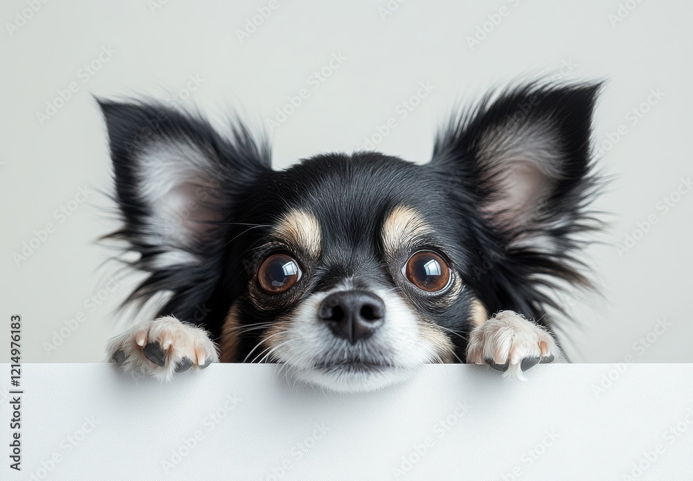 Adorable Chihuahua with Big Eyes and Perky Ears Looking Over a White Surface Against Neutral Background in Studio Setting Adorable Chihuahua with Big Eyes and Perky Ears Looking Over a White Surface Against Neutral Background in Studio Setting