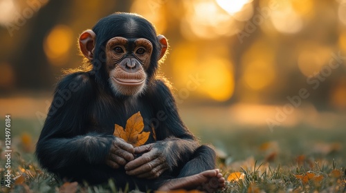 Chimpanzee sits in autumn leaves during golden hour in lush forest setting