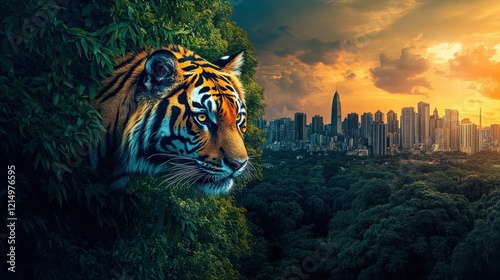 Fototapeta Naklejka Na Ścianę i Meble -  photographic hdr image of A vibrant scene of a Tiger emerging from a dense forest on the left, transitioning into a modern cityscape on the right, with a glowing sunrise behind,