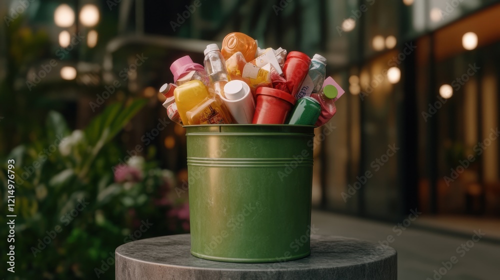 Overflowing bin with colorful plastic bottles and containers in urban setting Overflowing bin with colorful plastic bottles and containers in urban setting
