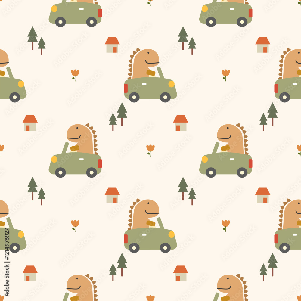 Obraz premium Dinosaur drive car cartoon so cute. On house tree flower background. Pattern seamless vector illustration. 