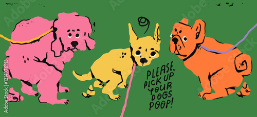 Poodle, chihuahua, bulldog pooping while looking at the camera. Hand drawn Vector illustration. Clean after your dog, no pooping sign. Littering not allowed, cleaning up, picking up waste concept