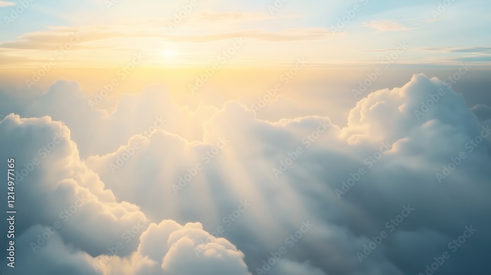 Fluffy white clouds fill sky illuminated by golden sunlight. Serene heavenly atmosphere. Golden light beams through clouds. Peaceful, calm. Sky view. Beautiful natural scenery. Ideal for nature Fluffy white clouds fill sky illuminated by golden sunlight. Serene heavenly atmosphere. Golden light beams through clouds. Peaceful, calm. Sky view. Beautiful natural scenery. Ideal for nature