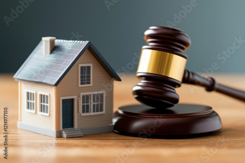 A miniature house and gavel symbolizing real estate law and property disputes. photo