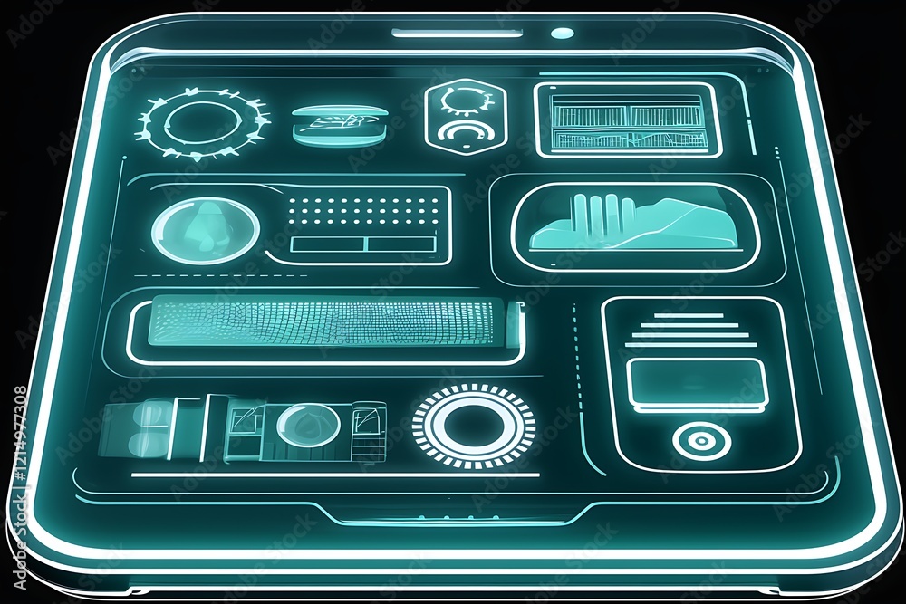 Obraz premium Futuristic teal interface on a transparent smartphone.