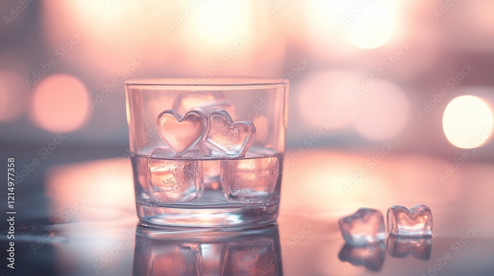 Heart-shaped ice cubes in a glass with defocused lights background, creating a romantic and unique visual Heart-shaped ice cubes in a glass with defocused lights background, creating a romantic and unique visual