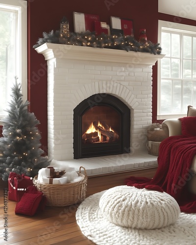 Cozy Christmas living room with fireplace, decorated mantel, and gifts.
