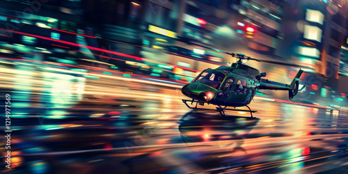 Helicopter landing on asphalt. Night tours of the night city. Travel through the night city among city streets and blurred lights. Beautiful digital banner for your template.