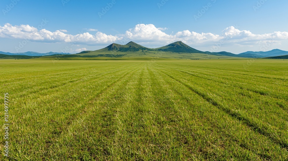 Serene grassland, twin peaks backdrop, sunny day, pastoral scene. Ideal for travel brochures Serene grassland, twin peaks backdrop, sunny day, pastoral scene. Ideal for travel brochures