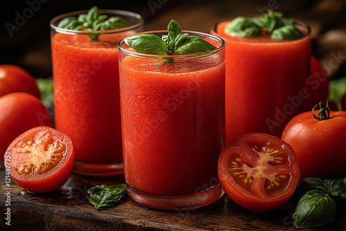 Fresh tomato and basil juice in glasses, garnished with basil leaves, evokes refreshing summer vibe