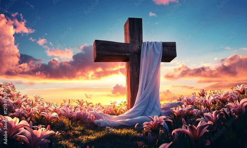 Majestic Easter cross draped with a white cloth and surrounded by glowing lilies, set against a vibrant sunrise sky
