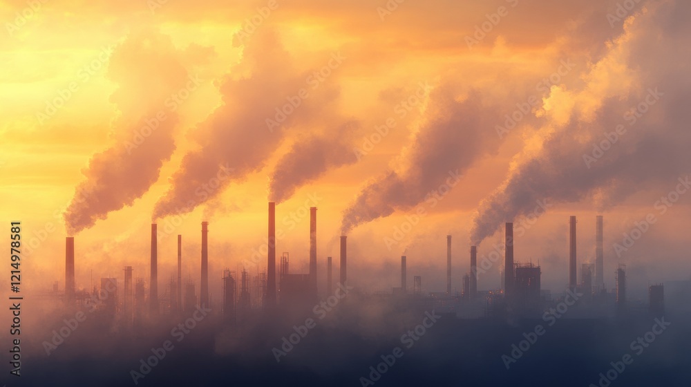 Industrial skyline at sunset with smoke and pollution emissions Industrial skyline at sunset with smoke and pollution emissions