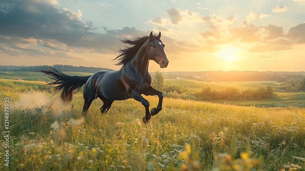 Black Horse Running Sunset Meadow Landscape Photography Black Horse Running Sunset Meadow Landscape Photography
