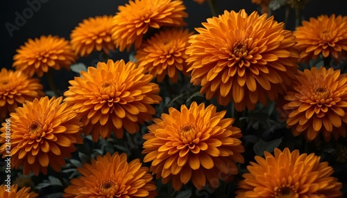 Vibrant orange chrysanthemums in full bloom on a dark background for floral decoration and inspiration
