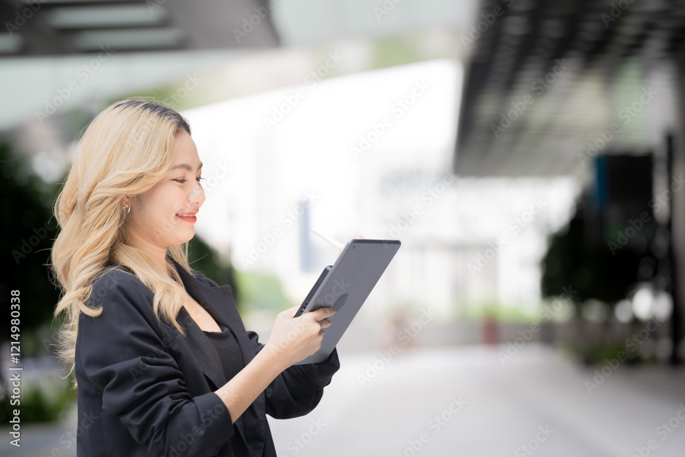 Confident businesswoman holding a tablet and stylus, emphasizing precision and adaptability in a contemporary workspace, blending style and functionality. Confident businesswoman holding a tablet and stylus, emphasizing precision and adaptability in a contemporary workspace, blending style and functionality.